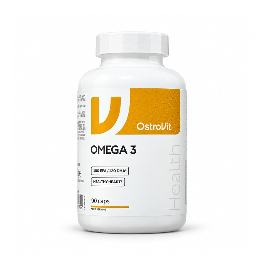 Ómega 3 OstroVit, suplemento alimentar à base de óleo de peixe em embalagem de 90 cápsulas.