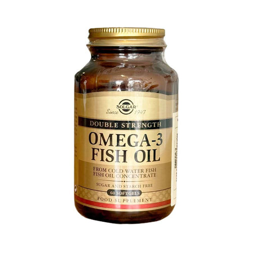 Frasco de suplemento alimenticio Solgar Omega-3 Doble Concentración con 60 cápsulas, sobre fondo blanco.