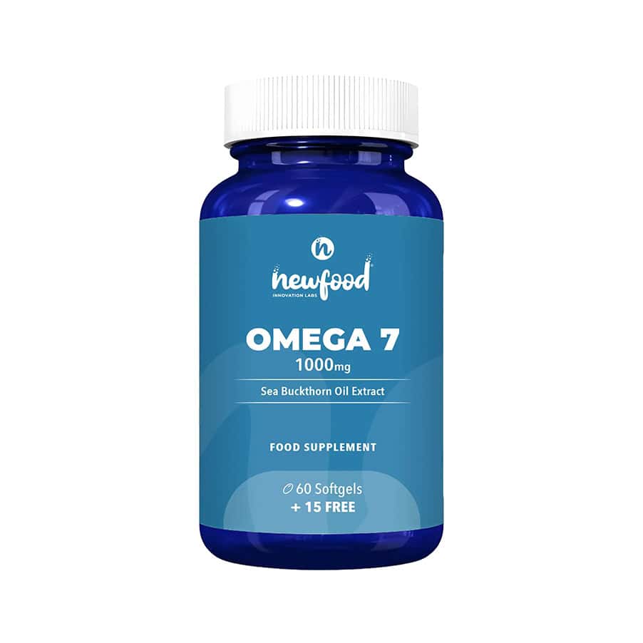 Cápsulas de Omega 7 de 1000 mg de New Food, en un frasco de 60 unidades, un complemento rico en ácidos grasos para la hidratación de la piel y el bienestar general.