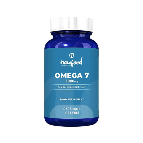 Cápsulas de Omega 7 de 1000 mg de New Food, en un frasco de 60 unidades, un complemento rico en ácidos grasos para la hidratación de la piel y el bienestar general.