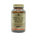 Frasco de Ómega 3-6-9 60 cápsulas Solgar, suplemento com ácidos gordos essenciais de peixe, linhaça e borragem para apoio cardiovascular e cerebral.