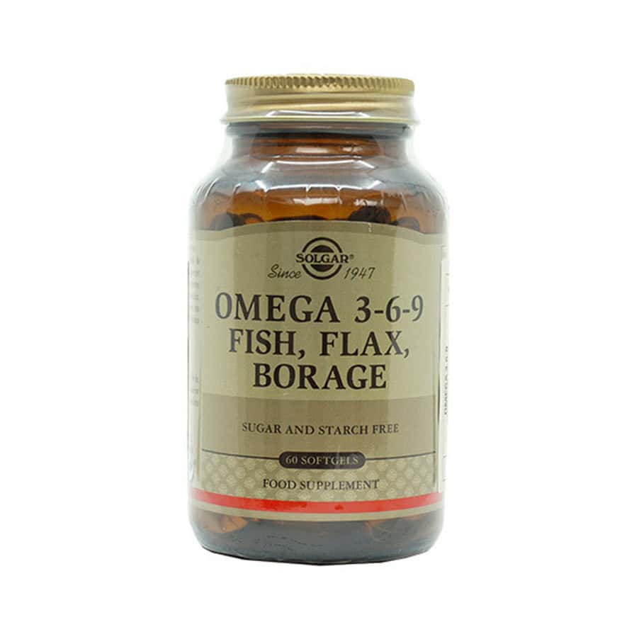 Frasco de Ómega 3-6-9 60 cápsulas Solgar, suplemento com ácidos gordos essenciais de peixe, linhaça e borragem para apoio cardiovascular e cerebral.