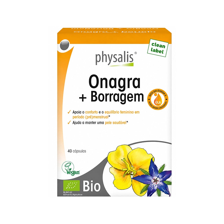 Onagra + Borragem 40 Cápsulas Physalis, suplemento alimentar biológico com óleos de onagra e borragem, fonte de GLA, para o conforto feminino e manutenção de uma pele saudável.