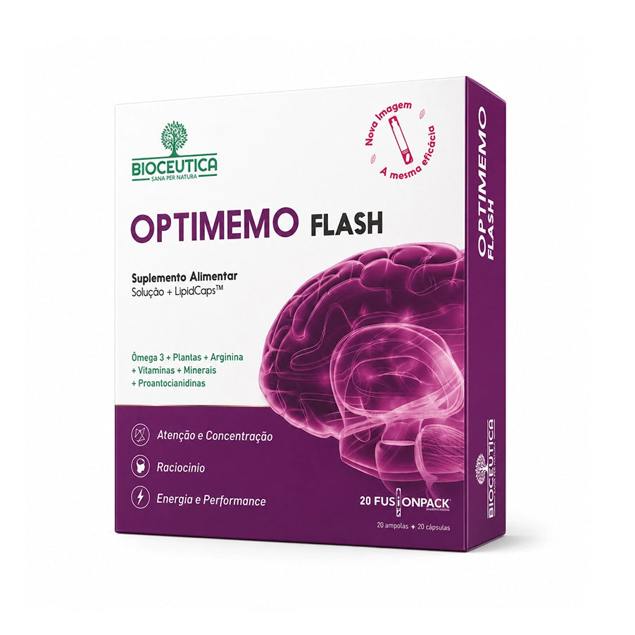 Optimemo Flash Function Pack 20 ampollas + 20 cápsulas Bioceutica, un complemento alimenticio con DHA, ginseng siberiano, ginkgo biloba, rodiola y vitaminas del complejo B para la memoria y la concentración.