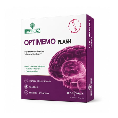 Optimemo Flash Function Pack 20 ampollas + 20 cápsulas Bioceutica, un complemento alimenticio con DHA, ginseng siberiano, ginkgo biloba, rodiola y vitaminas del complejo B para la memoria y la concentración.