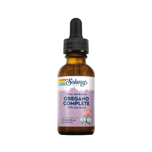 Solaray Oregano Complete, un suplemento en cápsulas de 30 ml, contiene aceite esencial de orégano, que proporciona apoyo natural al sistema inmunitario y defensa antioxidante.
