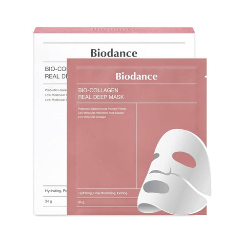 Envase de la mascarilla Biodance Real Deep Bio Collagen Mask 4 x 34 g, un tratamiento intensivo de colágeno para reafirmar e hidratar profundamente la piel.