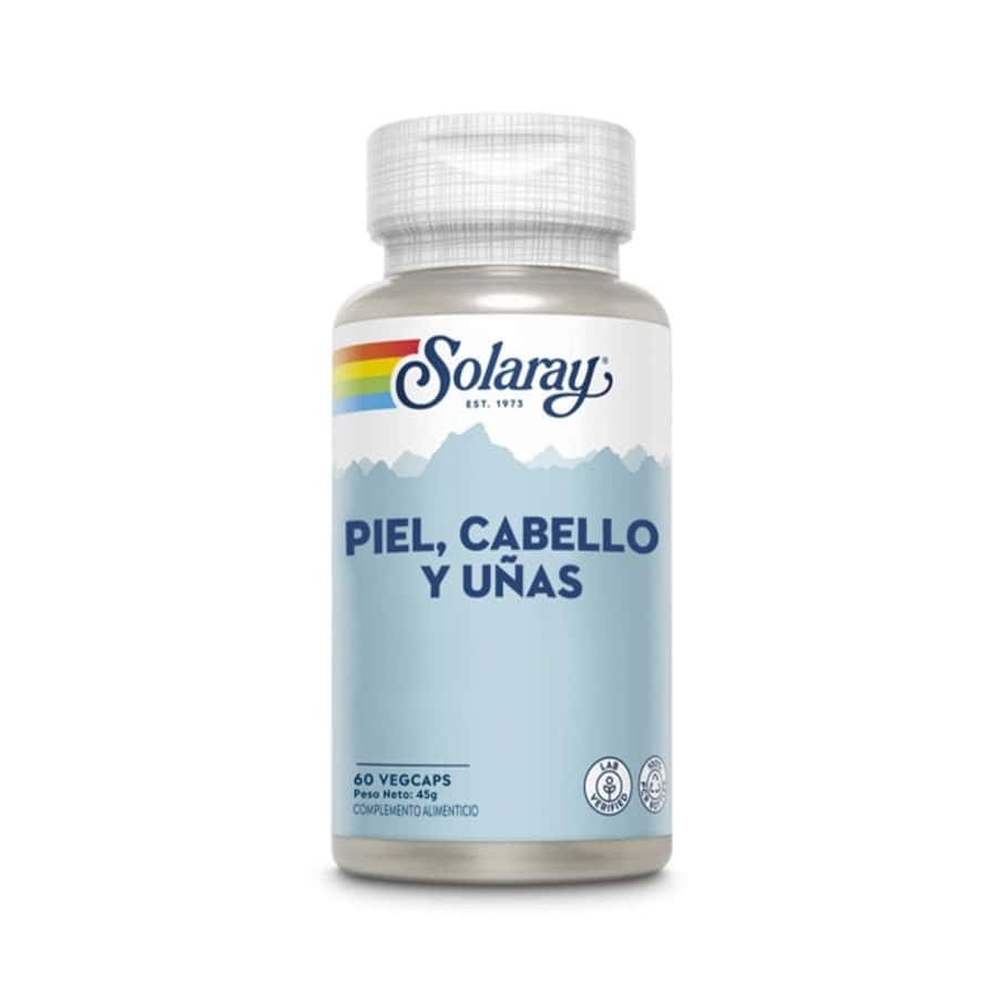 Frasco de suplemento Solaray Pele, Cabelo e Unhas com 60 cápsulas, fórmula com vitaminas e minerais para beleza e fortalecimento.