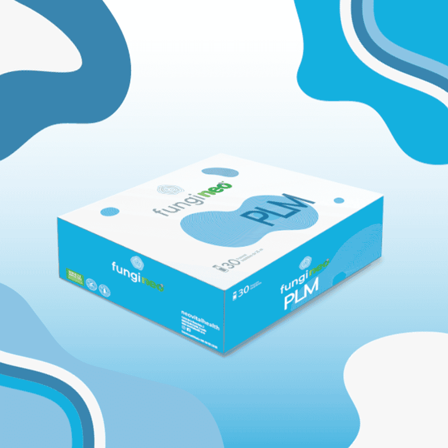 Envase para Fungi Neo PLM 25ml x 30 dosis individuales de NeoVital Health, un suplemento líquido con hongos medicinales para favorecer el equilibrio y el bienestar.