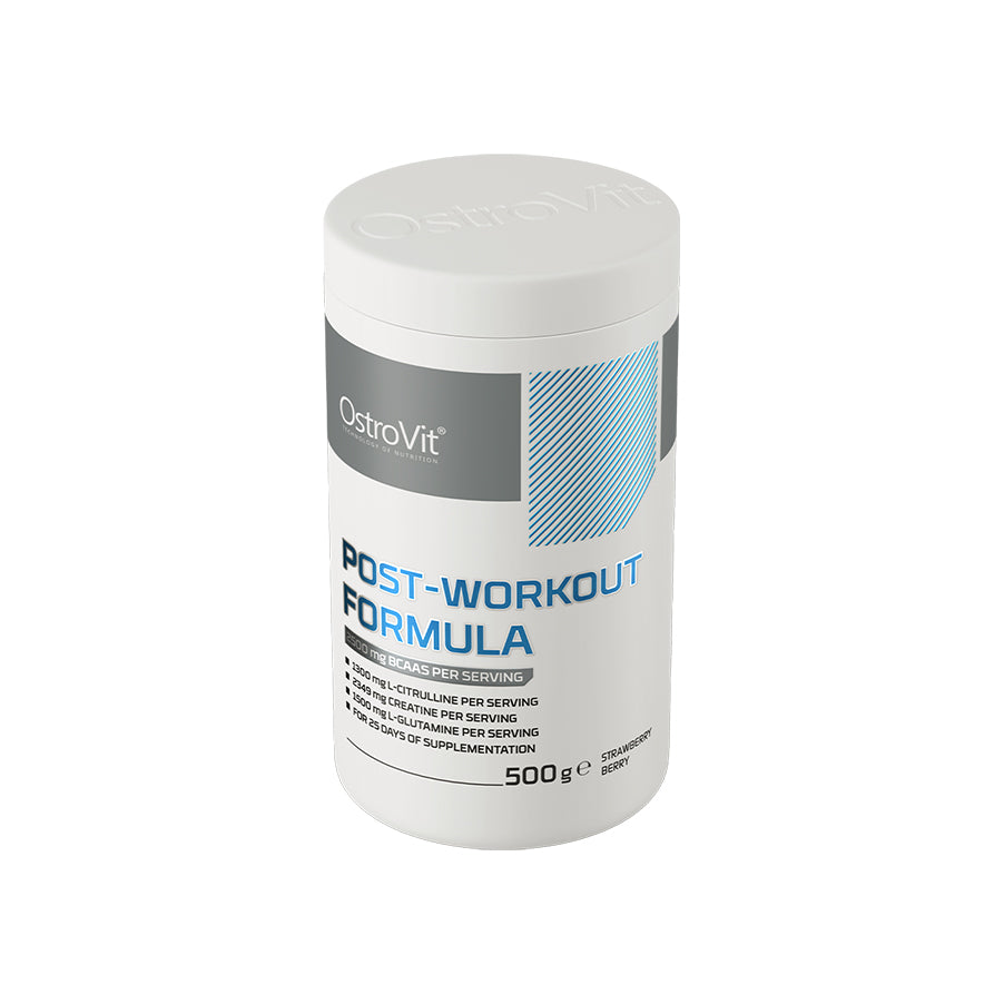 A Fórmula Pós-Treino Morango e Bagas 500gr OstroVit é um suplemento alimentar em pó com aminoácidos, creatina, eletrólitos, vitaminas e minerais.