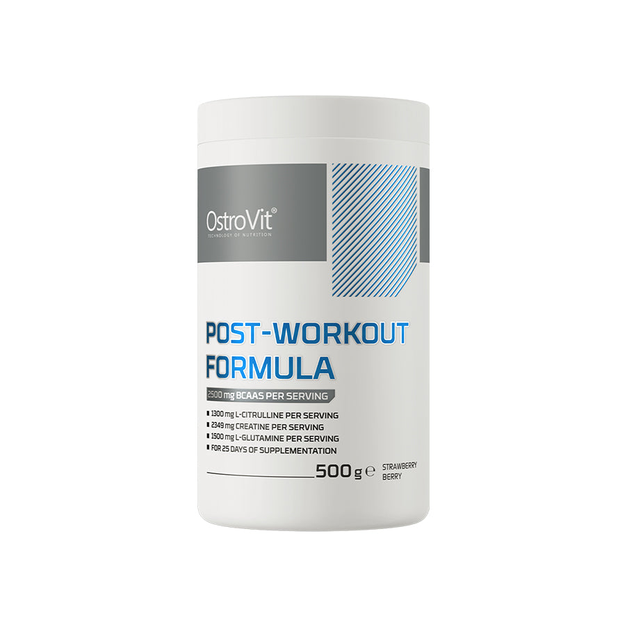 A Fórmula Pós-Treino Morango e Bagas 500gr OstroVit é um suplemento alimentar em pó com aminoácidos, creatina, eletrólitos, vitaminas e minerais.