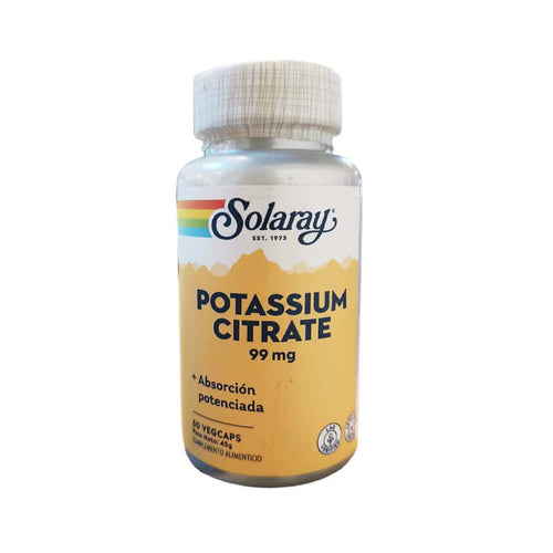 Solaray Citrato de Potasio 99 mg, frasco con 60 cápsulas, suplemento mineral para el equilibrio electrolítico y la función muscular.