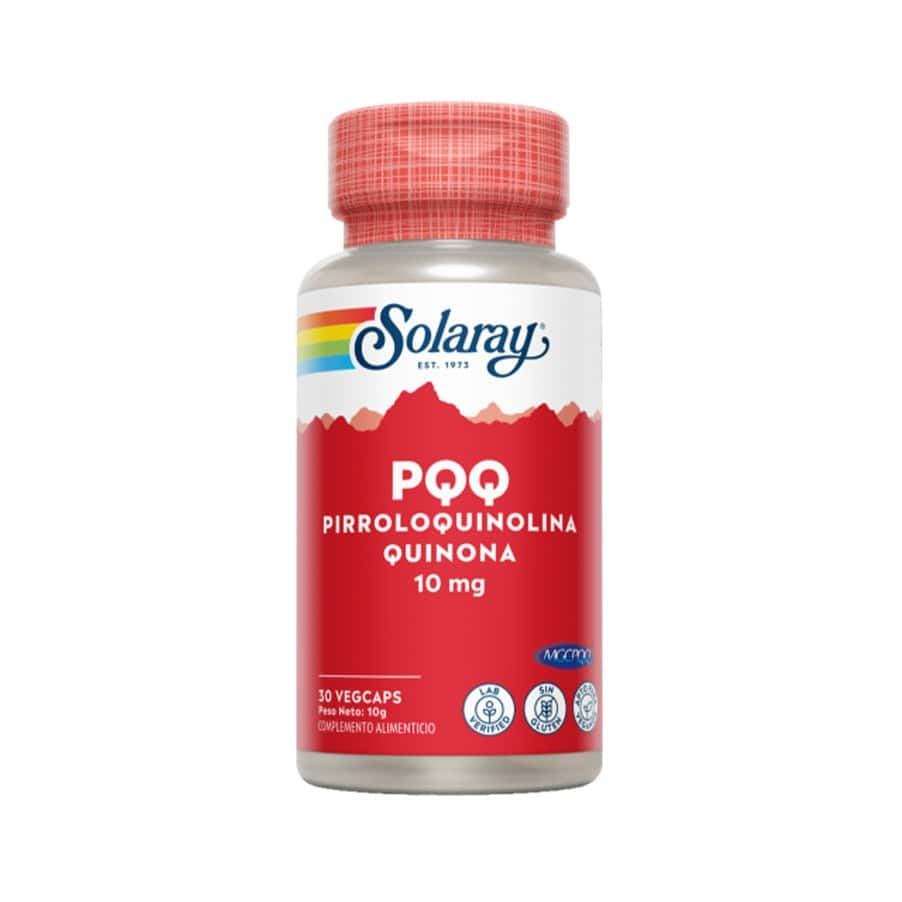 Frasco de suplemento Solaray PQQ 10mg com 30 cápsulas, fórmula antioxidante avançada para energia celular e saúde cognitiva.