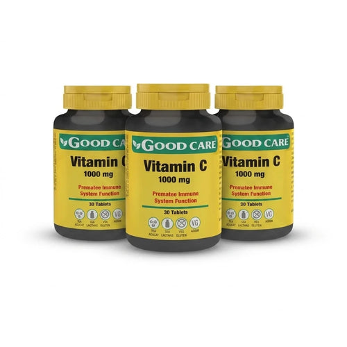 Vitamina C 1000 mg, paquete de 30 comprimidos de Good Care, complemento alimenticio.