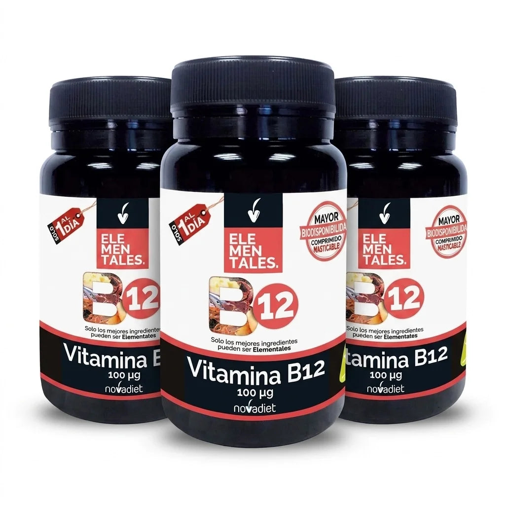 Vitamina B12 100 mcg Novadiet Pack 3 com 120 comprimidos mastigáveis para energia, sistema nervoso e redução da fadiga
