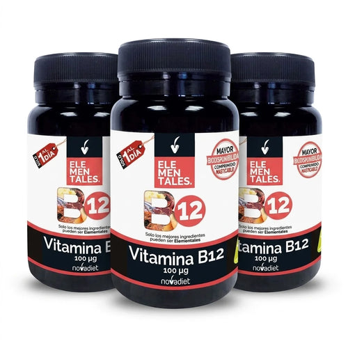 Vitamina B12 100 mcg Novadiet Pack de 3 con 120 comprimidos masticables para mayor energía, apoyo al sistema nervioso y reducción de la fatiga

