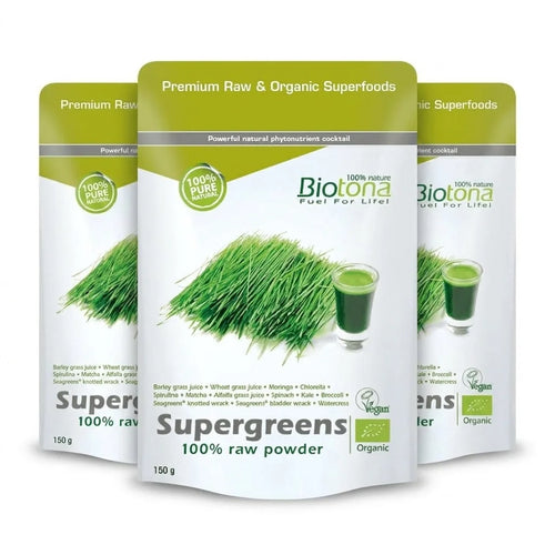 Embalagem do Supergreens 100% Raw Pó Bio 150gr da Biotona, superalimento em pó com mistura de vegetais e algas
