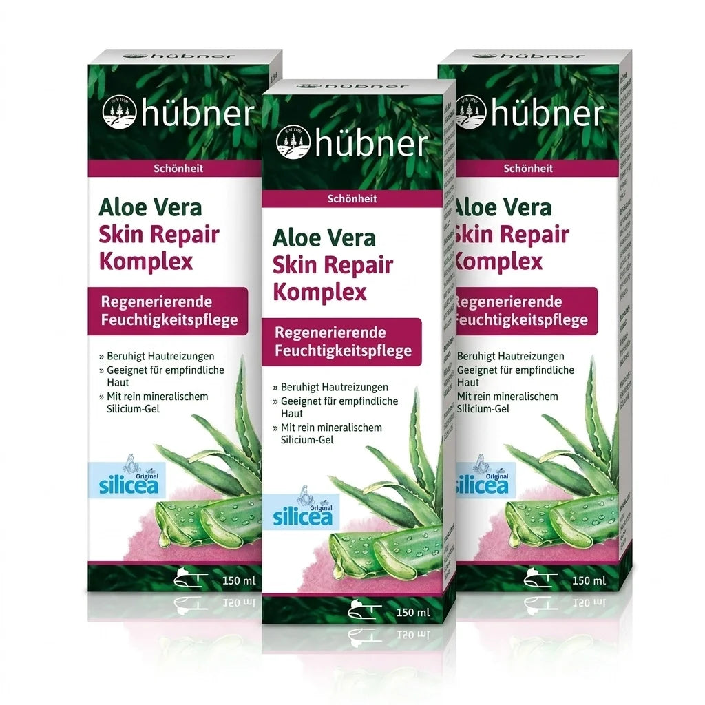 Aloe Vera Body Repair Gel 150ml Hubner Pack 3, gel reparador para rosto e corpo com aloé vera, sílica hidratada e esqualano.
