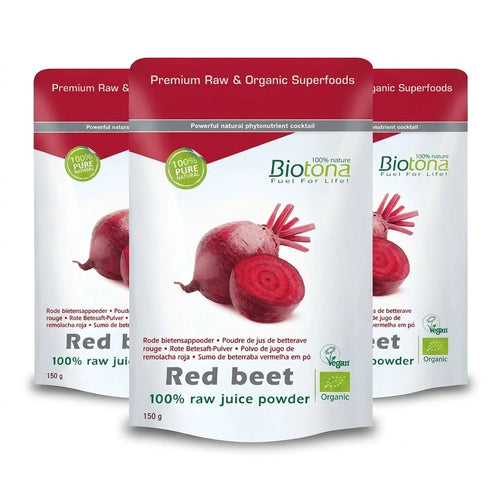 Jugo de remolacha roja 100% natural en polvo Biotona. Paquete de 3 unidades con tres sobres de 150 g de producto orgánico en polvo.