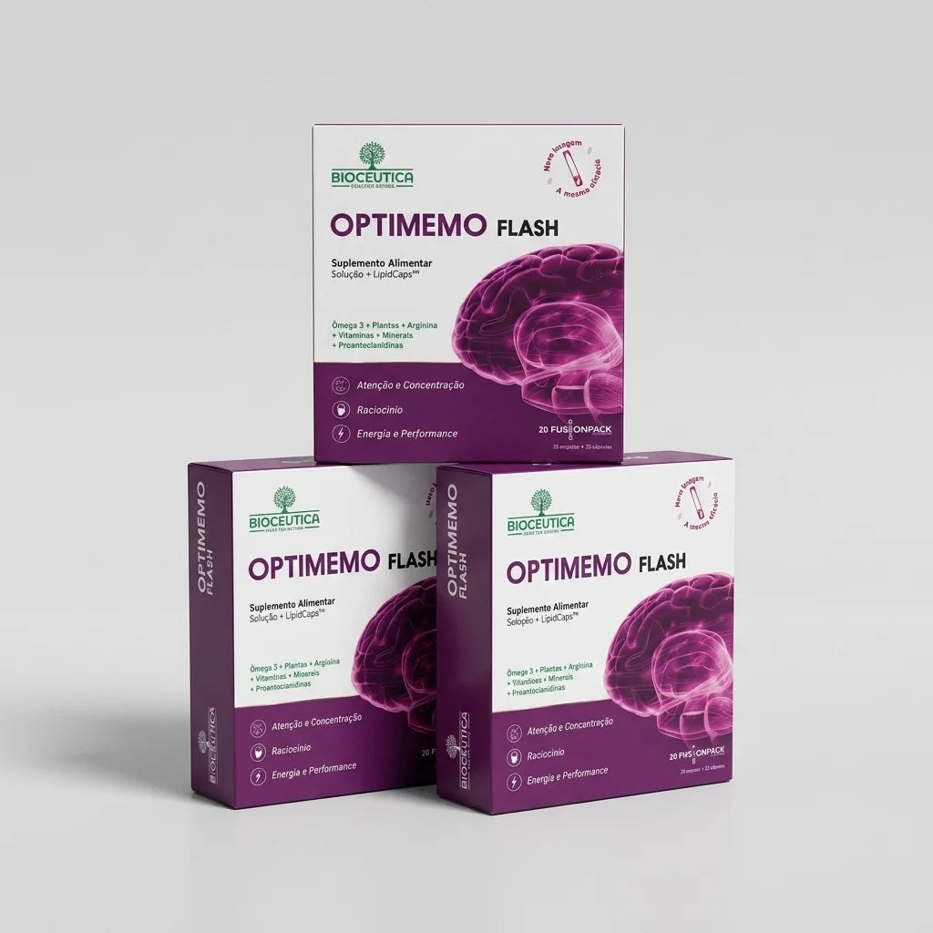 OptiMemo Flash Fusion Bioceutica pack com 3 embalagens de 20 ampolas e 20 cápsulas suplemento alimentar
