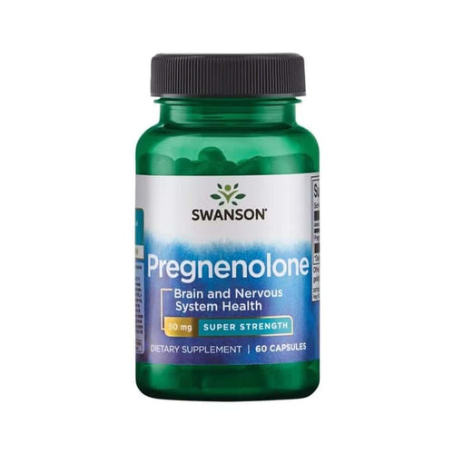 Suplemento Swanson Pregnenolone 50 mg, 60 cápsulas, para la salud cerebral y del sistema nervioso. El frasco es de color verde oscuro con tapa negra y etiqueta azul y blanca. El texto de la etiqueta destaca que el suplemento está destinado a la salud cerebral y del sistema nervioso, con la indicación de "Super Strength" (alta potencia). El frasco contiene 60 cápsulas y se describe como un suplemento que favorece la salud cerebral.