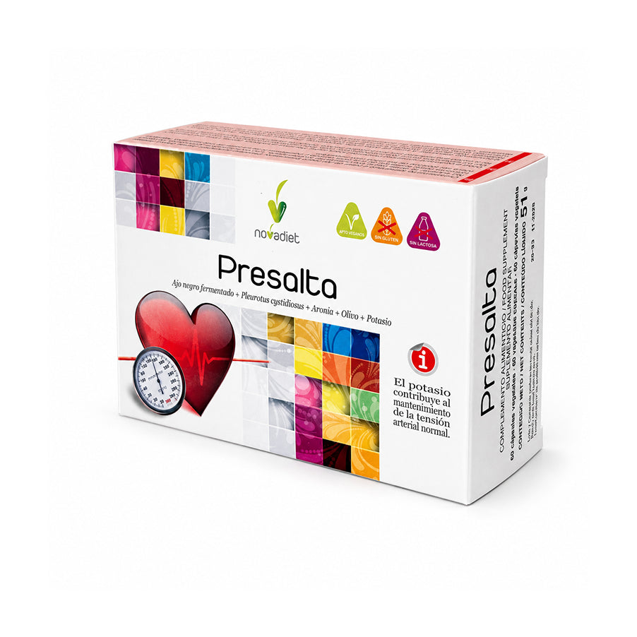 Presalta 60 Cápsulas NovaDiet, suplemento com alho negro fermentado, aronia, oliveira, Pleurotus cystidiosus e potássio para apoio à pressão arterial normal.