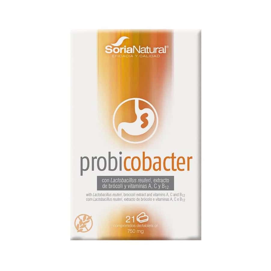 Embalagem do Probicobacter com 21 comprimidos da Soria Natural, suplemento probiótico para equilíbrio da flora intestinal
