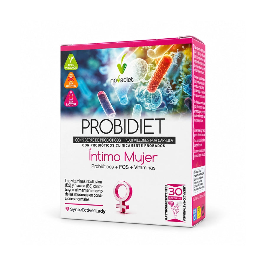 Probidiet Íntimo Mulher NovaDiet, suplemento alimentar com probióticos, em embalagem de 30 cápsulas gastrorresistentes.