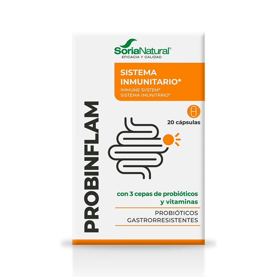 Embalagem do Probinflam com 20 cápsulas da Soria Natural, suplemento probiótico para suporte digestivo e equilíbrio intestinal.