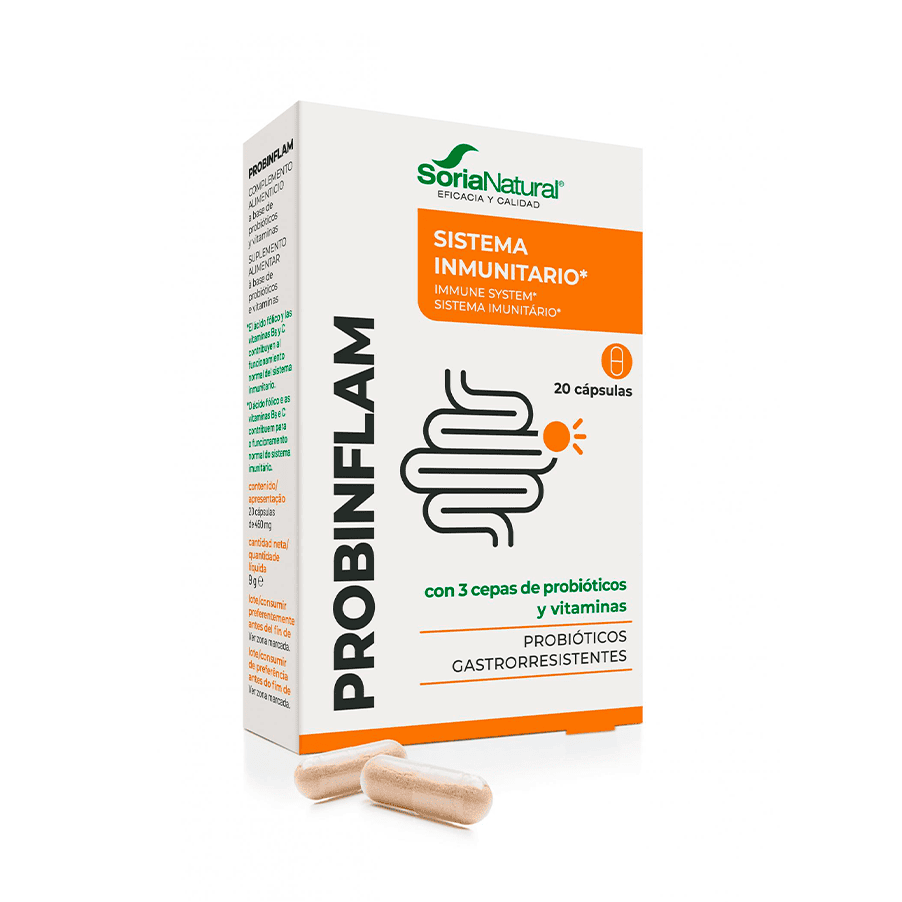 Embalagem do Probinflam com 20 cápsulas da Soria Natural, suplemento probiótico para suporte digestivo e equilíbrio intestinal.
