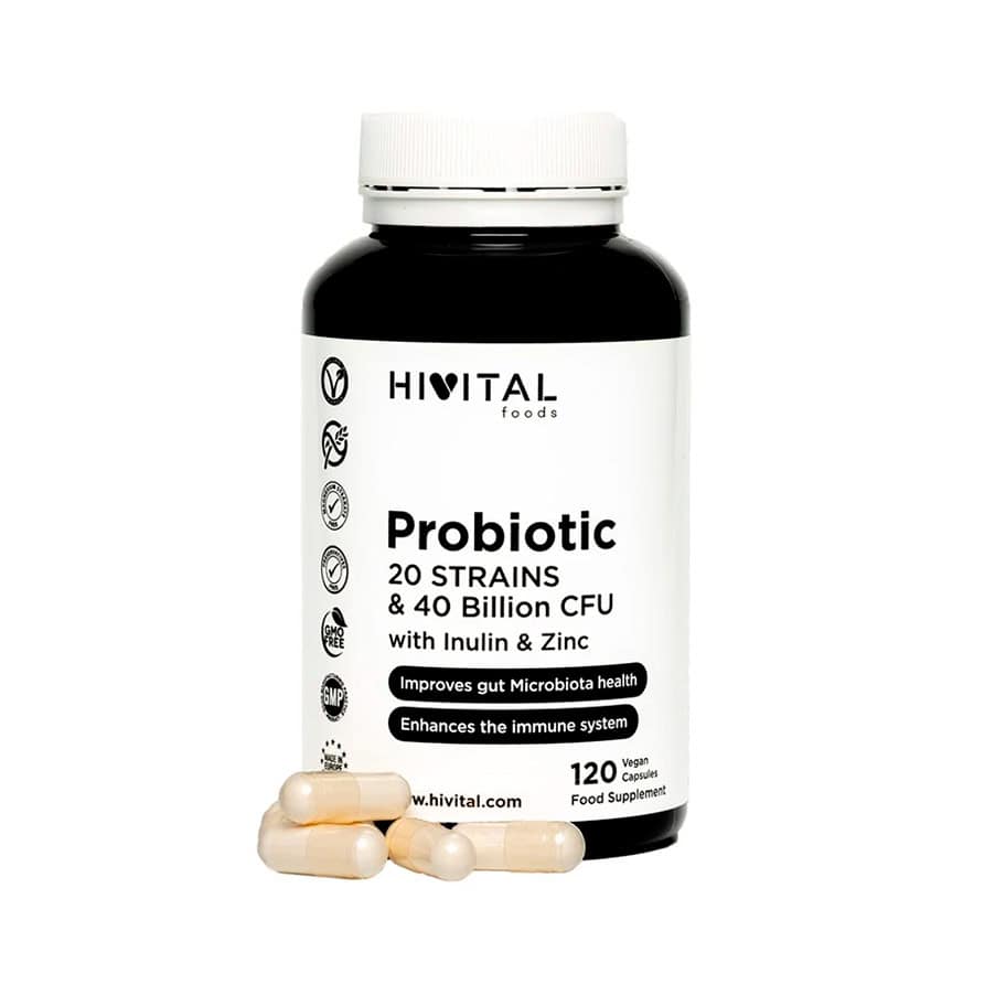 Frasco de probiótico Hivital con 20 cepas y 40 mil millones de UFC, que contiene 120 cápsulas, para favorecer la salud digestiva y el equilibrio intestinal.