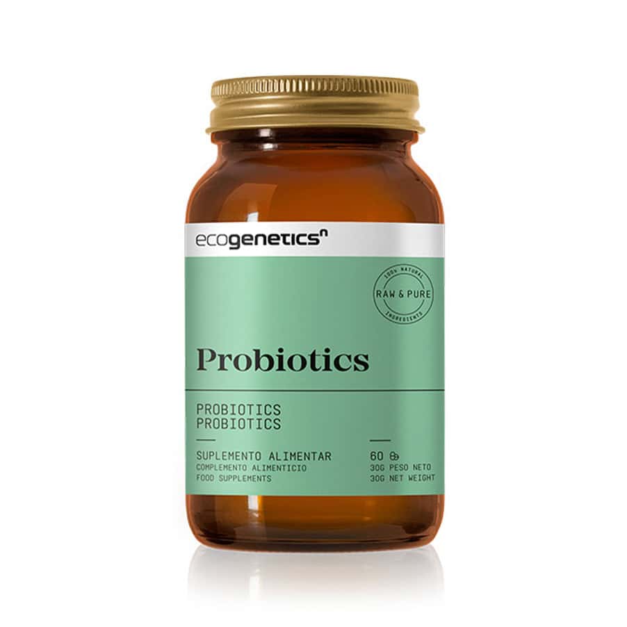 Probiotics 60 Cápsulas Ecogenetics com probióticos e prebióticos para apoiar o equilíbrio da flora intestinal e o bem-estar digestivo.