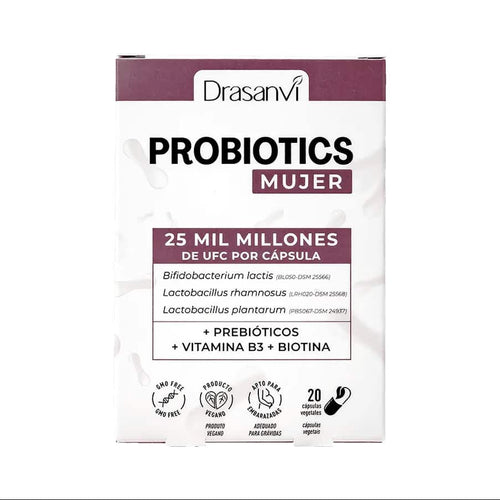 Probióticos Drasanvi para mujeres, 20 cápsulas, en su envase original.