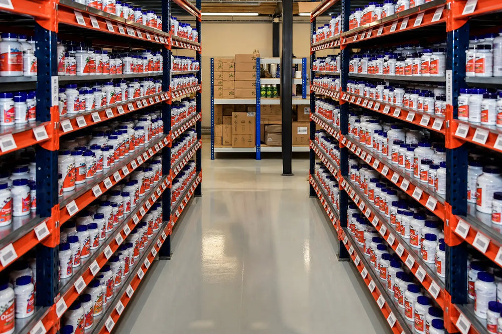 Produtos da marca Now Foods arrumado em prateleiras, nos armazéns da Peixe Verde