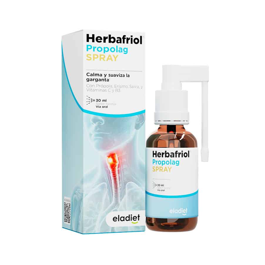 El spray Herbafriol Propolag de Eladiet, en botella de 30 ml, es un spray natural para el alivio rápido del dolor de garganta.