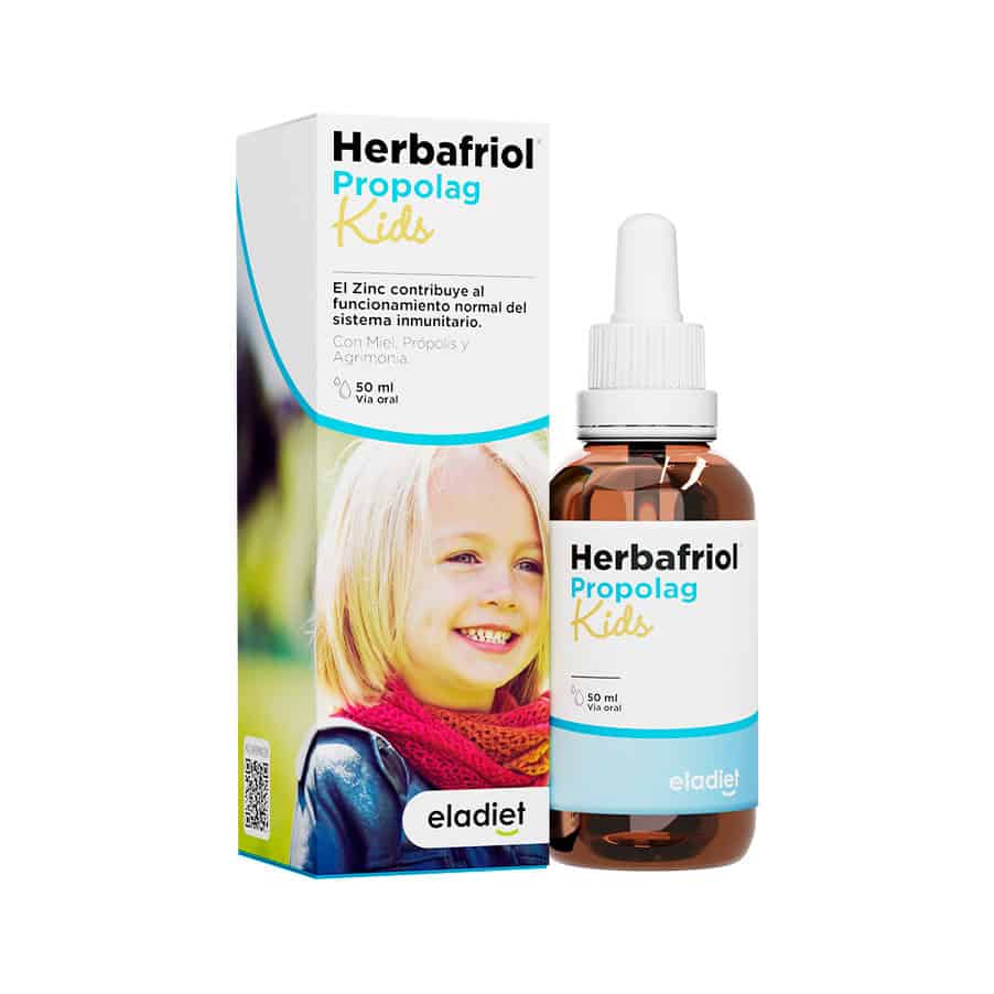 El frasco de 50 ml de Herbafriol Propolag Kids de Eladiet es un suplemento natural para niños que protege la garganta y refuerza el sistema inmunitario.