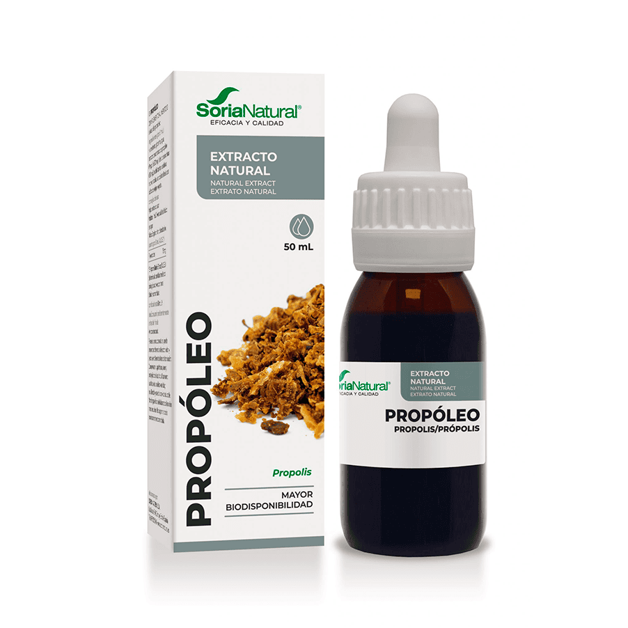 Frasco de 50 ml de extracto de propóleo natural de Soria Natural, un suplemento líquido para el apoyo del sistema inmunitario y la protección natural.
