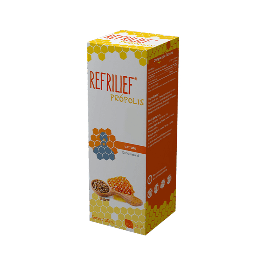 Frasco do Refrilief Própolis Extrato Sem Álcool 50ml da Nutridil, suporte natural para imunidade e proteção da garganta.