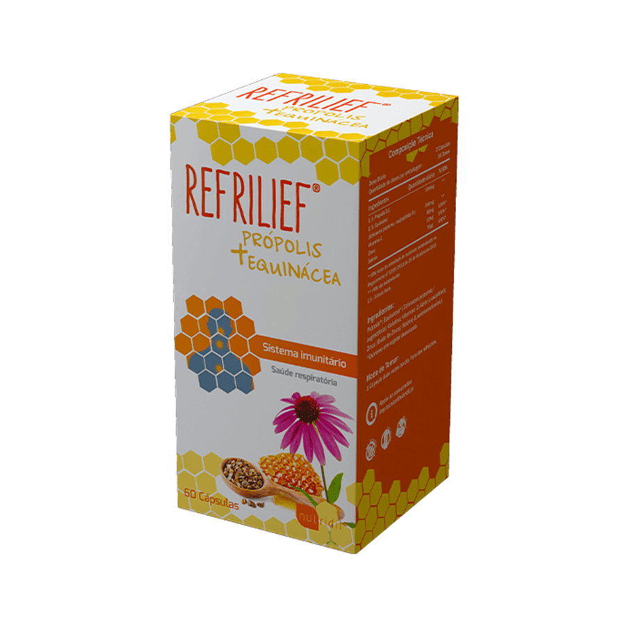 Frasco do Refrilief Própolis + Equinácea com 60 cápsulas da Nutridil, suporte natural para imunidade e saúde respiratória.