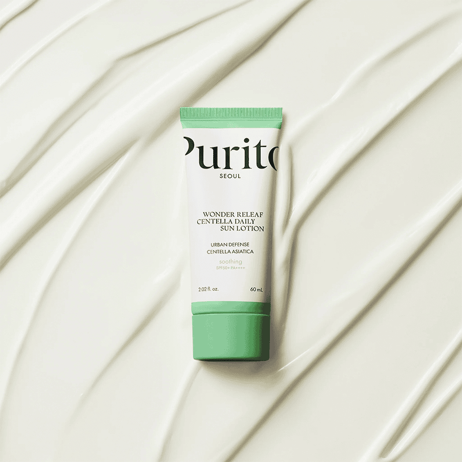 Frasco da Loção Solar Diária Wonder Releaf Centella SPF50+ 60ml da Purito Seoul, protetor solar leve e calmante para uso diário.