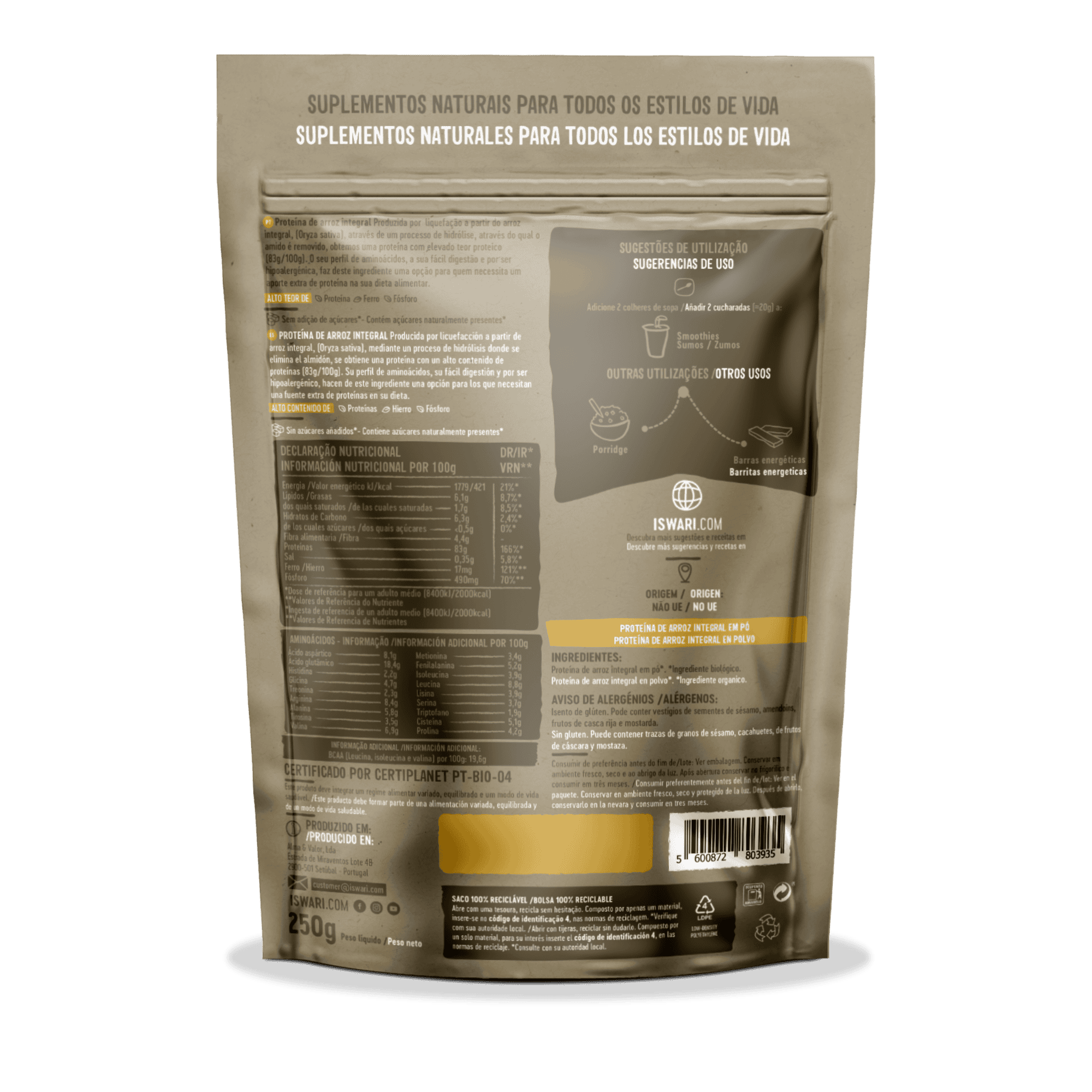 Proteína de arroz integral em pó Iswari 250g, fonte vegetal de proteína, ideal para batidos e receitas, hipoalergénica e de fácil digestão.