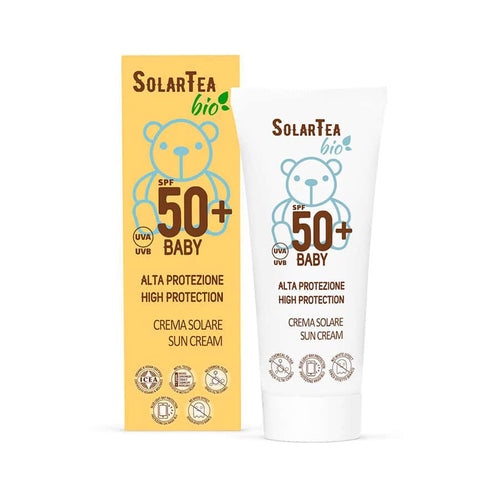 Protector solar Bema Solar Tea Bio Baby SPF 50+ en botella de 100 ml, protección natural para la cara y el cuerpo de los bebés.