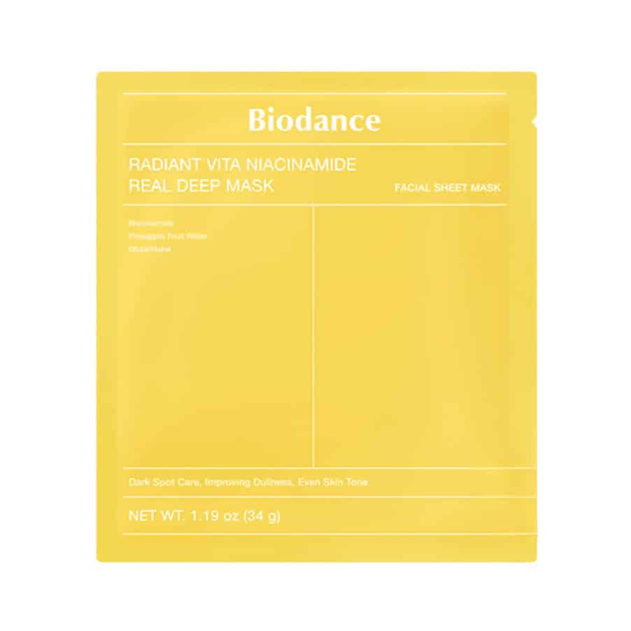 Máscara facial Radiant Vita Niacinamide da Biodance em formato sheet mask iluminadora com niacinamida.
