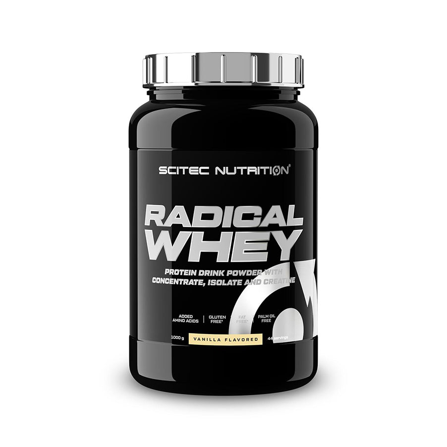 Radical Whey Baunilha 1kg Scitec Nutrition, proteína whey em pó com concentrado e isolado de soro de leite, creatina e aminoácidos.