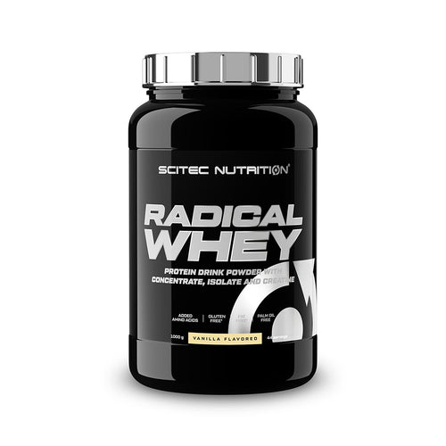 Radical Whey Baunilha 1kg Scitec Nutrition, proteína whey em pó com concentrado e isolado de soro de leite, creatina e aminoácidos.
