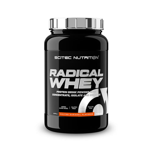 Radical Whey Caramelo Salgado 1kg Scitec Nutrition, proteína whey em pó com concentrado e isolado de soro de leite, creatina e aminoácidos.