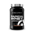 Radical Whey Chocolate 1kg Scitec Nutrition, proteína whey em pó com concentrado e isolado de soro de leite, aminoácidos e creatina.