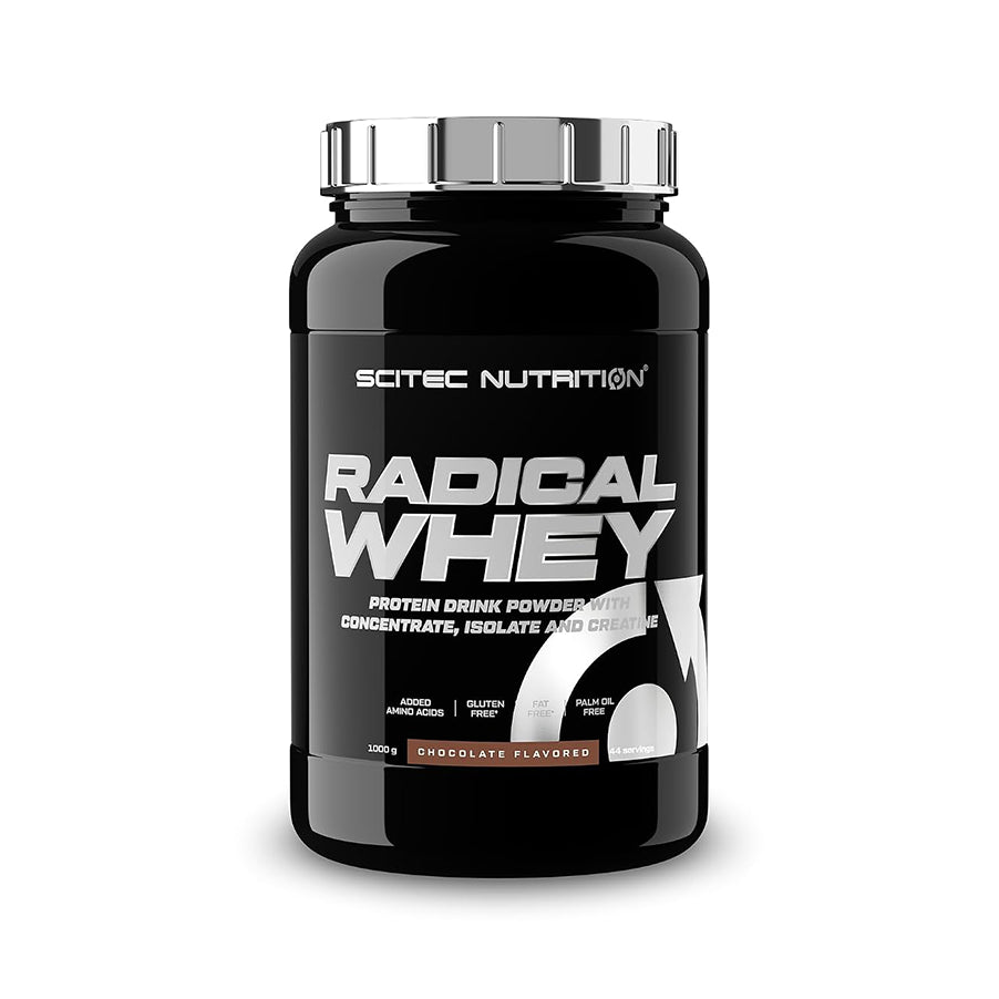 Radical Whey Chocolate 1kg Scitec Nutrition, proteína whey em pó com concentrado e isolado de soro de leite, aminoácidos e creatina.
