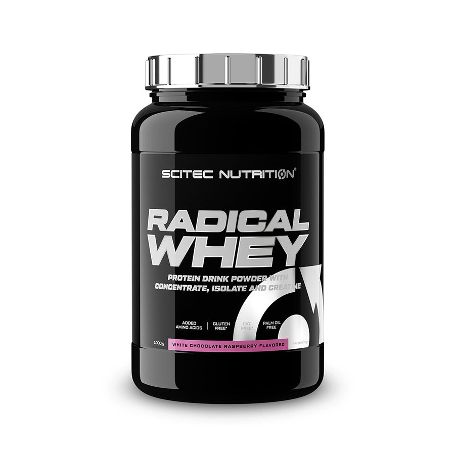 Radical Whey Chocolate Branco e Framboesa 1kg Scitec Nutrition, proteína whey em pó com concentrado e isolado de soro de leite, creatina e aminoácidos.