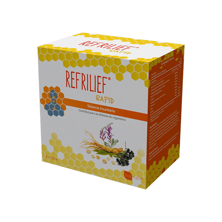 "Embalagem do Refrilief Rapid com 6 frascos de 70ml da Nutridil, suporte rápido para imunidade e alívio respiratório.